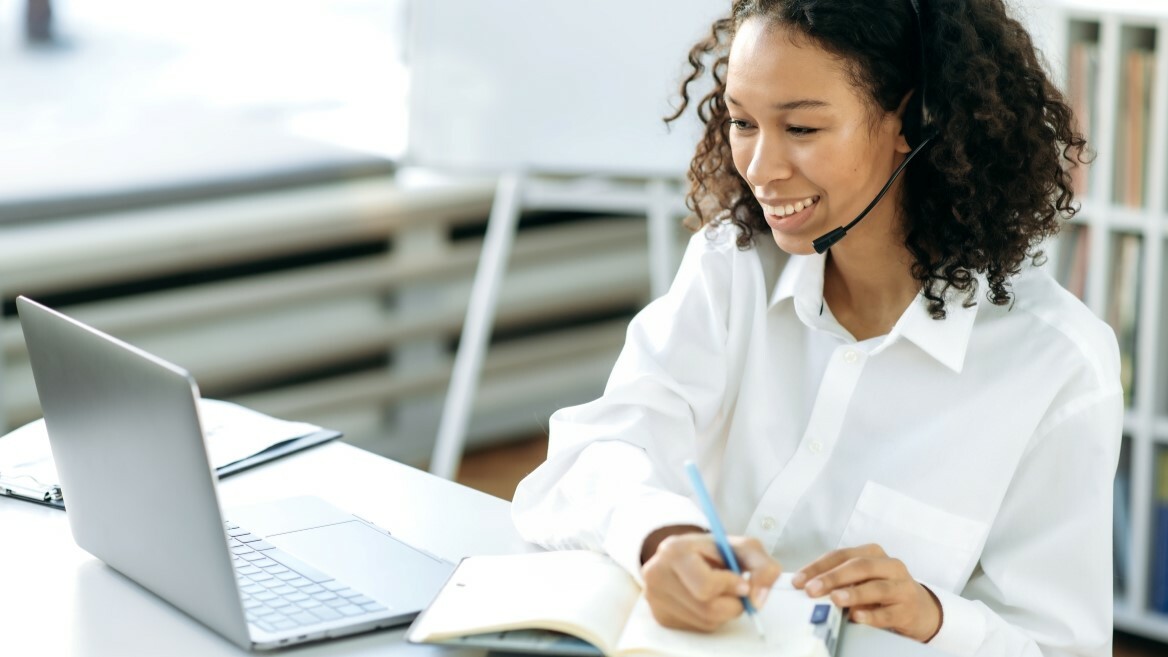 A woman on a conference call